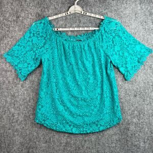 Miholl Womens Blouse Size XXL Blue Green‎ Lace Off Shoulder Short Sleeves